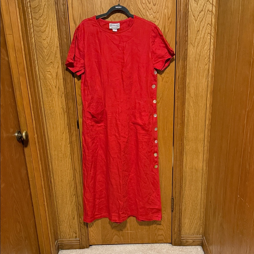 Vintage 100% Linen Lagenlook Red mother of pearl Button-Down Maxi Dress pockets